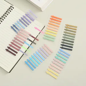 Close-up of Morandi-colored transparent arrow sticky index tabs on a notebook page
