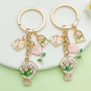 Mother's Day Flower Bouquet Keychain Mama Mom Enamel Charm Keyring Alloy Butterfly Artificial Pearl Heart Pendant For Women Gift