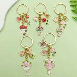 Details of Mother's Day flower bouquet keychains with Mama charms and enamel carnations