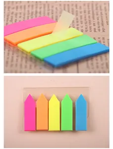 Detail showing colorful PET sticky note tabs in arrow and rectangle shapes for office use.