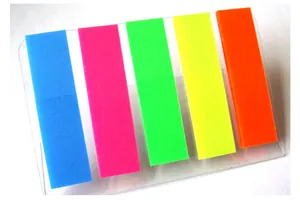 Close-up of five vibrant neon PET sticky index tabs mounted on a transparent plastic sheet.
