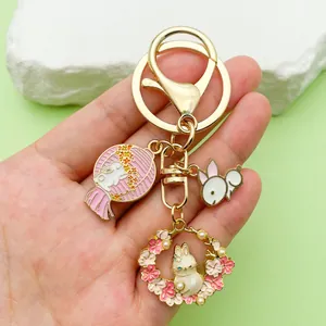 Llavero de Conejo de Esmalte de Aleación de Zinc de Estilo Chino Lindo Sakura Luna Conejito Colgante de Bolsa Regalo de Pascua