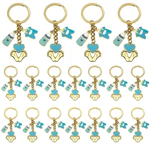 Bulk set of blue baby-themed enamel keychains with milk bottle and clothes charms