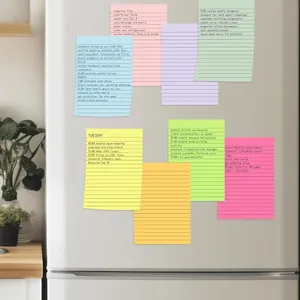 Large colorful ruled sticky notes with handwritten tasks on a white refrigerator