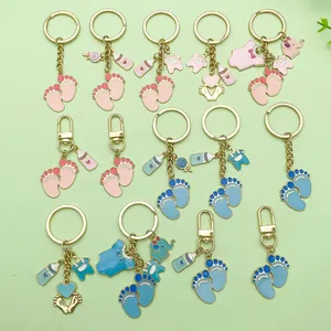 Adorable baby shower enamel keychains with cute footprints and milk bottle charms