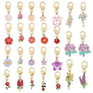 Detail view of assorted floral alloy charms with heart-shaped clasps