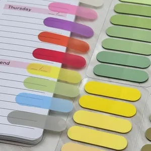 Close-up of semi-transparent Morandi color index stickers used on a notebook page.