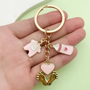Cartoon Baby Shower Keychain Zinc Alloy Enamel Baby Bottle Footprint Clothes Elephant Pendant Keyring Newborn Party Gift