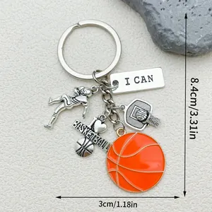 Detail view of basketball keychain with dimensions 8.4x3cm and sports charms