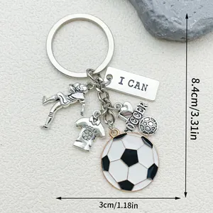 Macro view of creative soccer theme alloy keychain with I CAN tag and dimensions