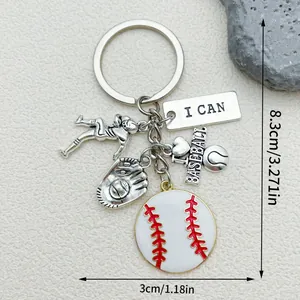 Detailed view of silver baseball themed keychain with charms and 3.27 inch size info