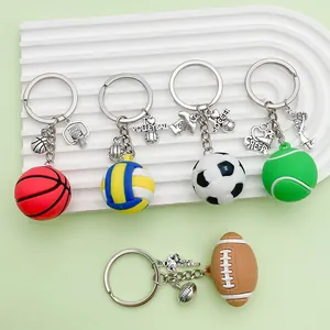 Close-up detail of creative sports ball keychains including basketball, soccer and football
