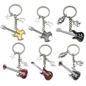 Assorted set of 6 guitar shaped keychains featuring musical note and microphone charms