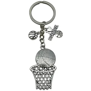 Detailed view of hip-hop alloy basketball hoop keychain with I Love Basketball tag.