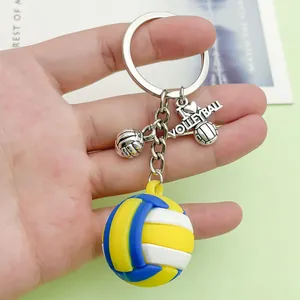 Close-up detail of a colorful PVC volleyball keychain with I Love Volleyball metal charm