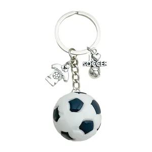 Creative realistic soccer ball PVC soft glue keychain with I Love Soccer metal charms