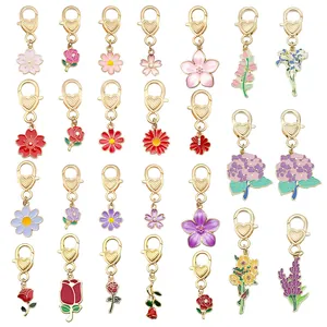 Collection of enamel flower pendants with heart-shaped gold clasps for keychains
