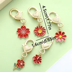 Set of 5 floral lobster clasp pendants with heart detail, 4.5cm length charms