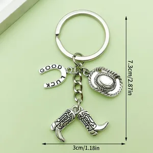 Vintage silver Western cowboy keychain with hat boot and lucky horseshoe charm set