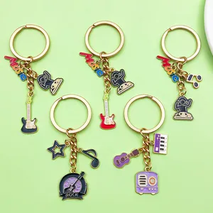 Fashion Musical Instrument Guitar Piano Music Note Alloy Enamel Keychain Creative Rock Bag Pendant Key Ring Accessory Gift