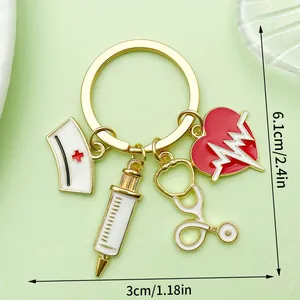 Creative medical themed keychain with nurse hat, syringe, stethoscope, and heart charms