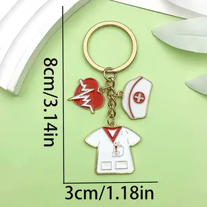 Detailed macro view of nurse-themed alloy keychain showing dimensions of 8cm by 3cm.