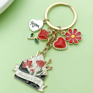 Charming Mother's Day keychain featuring enamel rose heart and floral envelope pendants