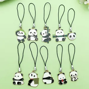 Collection of 10 cute enamel panda charms with black lanyards for bags and phones.