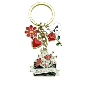 Mother's Day alloy keychain with Mom heart, rose, and envelope charms