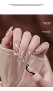 Detailed view of abstract black and white swirl nail art using paint glue