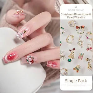 Luxury Christmas Zirconia Nail Art Charms Gold Alloy Artificial Pearl Wreath Santa Reindeer Snowflake Decor Accessories