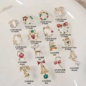 Christmas nail art charms with Santa, reindeer and bell designs in gold zircon alloy