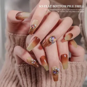 Maillard style brown ombre nails with luxury K9 zircon and pearl charms decoration