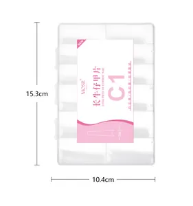 Detailweergave met afmetingen 15,3 cm x 10,4 cm van de box met 240 nageltips.