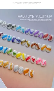 Macro view of watercolor marble nail art samples created with professional halo dye solution.