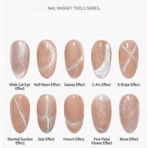 Verschiedene Cat-Eye-Nageleffekte, die mit Nagelmagnet-Werkzeugen erzielt wurden.