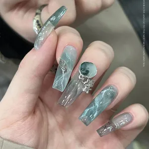 Elegant Chinese style jade green marble press-on nails with metal safety buckle charms