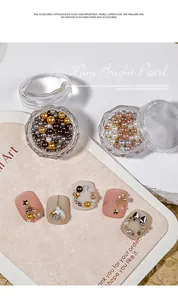 Detail view of Maillard-themed mixed size high-shine nail art pearls in clear jars