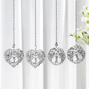 Detail view of four silver Tree of Life fan pull pendants with metal bead chains