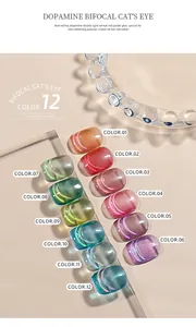 Detailed 12 color swatches of sparkling dopamine bifocal cat eye nail polish gel for manicure