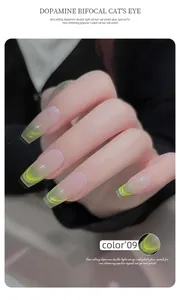 Professional detail view of dopamine bifocal cat's eye nail polish in lime green shimmer effect
