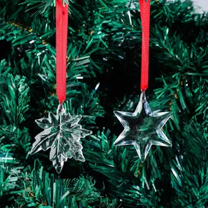 Detailed view of clear glass star and maple leaf ornaments hanging on a green tree