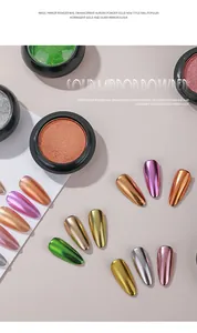 Detailed view of solid mirror nail powder with vibrant metallic finish on sample tips