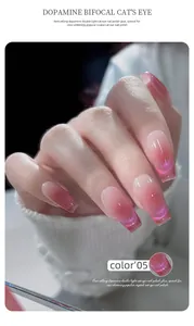 Detailed view of pink dopamine bifocal cat eye nail polish gel with shimmer effect