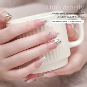 Professional high density star platinum nail gel with glitter lines and rhinestones