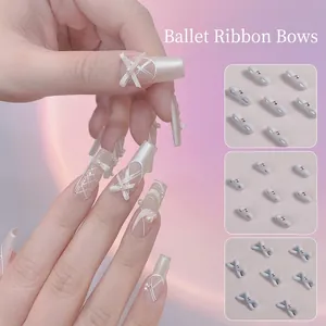 Elegant ballet ribbon nail charms set with pearls for DIY French manicure decoration