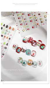 Close-up detail of 3D Christmas nail stickers with snowman and Santa Claus embossed designs.