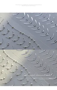 Gedetailleerde macro-opname van 3D-nagelstickers met witte parels en zilveren kristallen