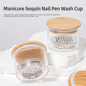 Japanischer Stil Verdicktes Borosilikatglas Nagelkunst Pinsel Reinigungstasse Mit Edelstahlfilter Und Bambusholzdeckel Maniküre Werkzeug