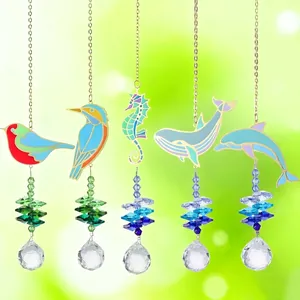 Atrapasol de Cristal Serie Animales Campana de Viento Decoración de Jardín Colgante de Ballena Delfín Pájaro de Metal Esmaltado